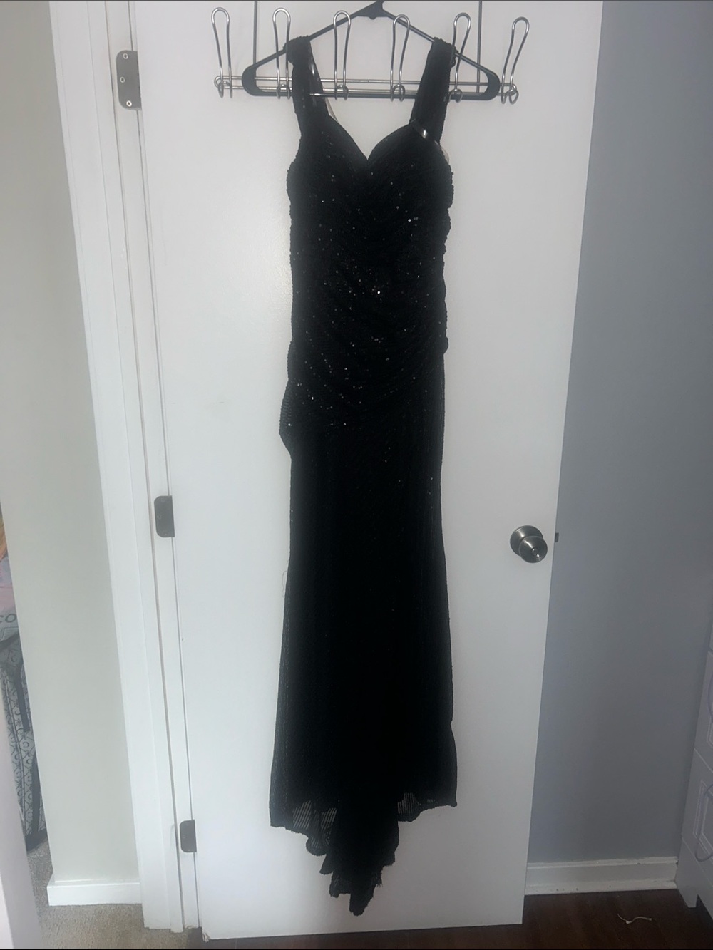 Elegant Black Beaded Prom Gown with Ruched Bodice